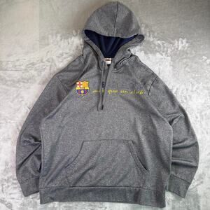 FC Barcelona Hoodie Gray Spellout Club Soccer Pullover Sweatshirt Mens XL